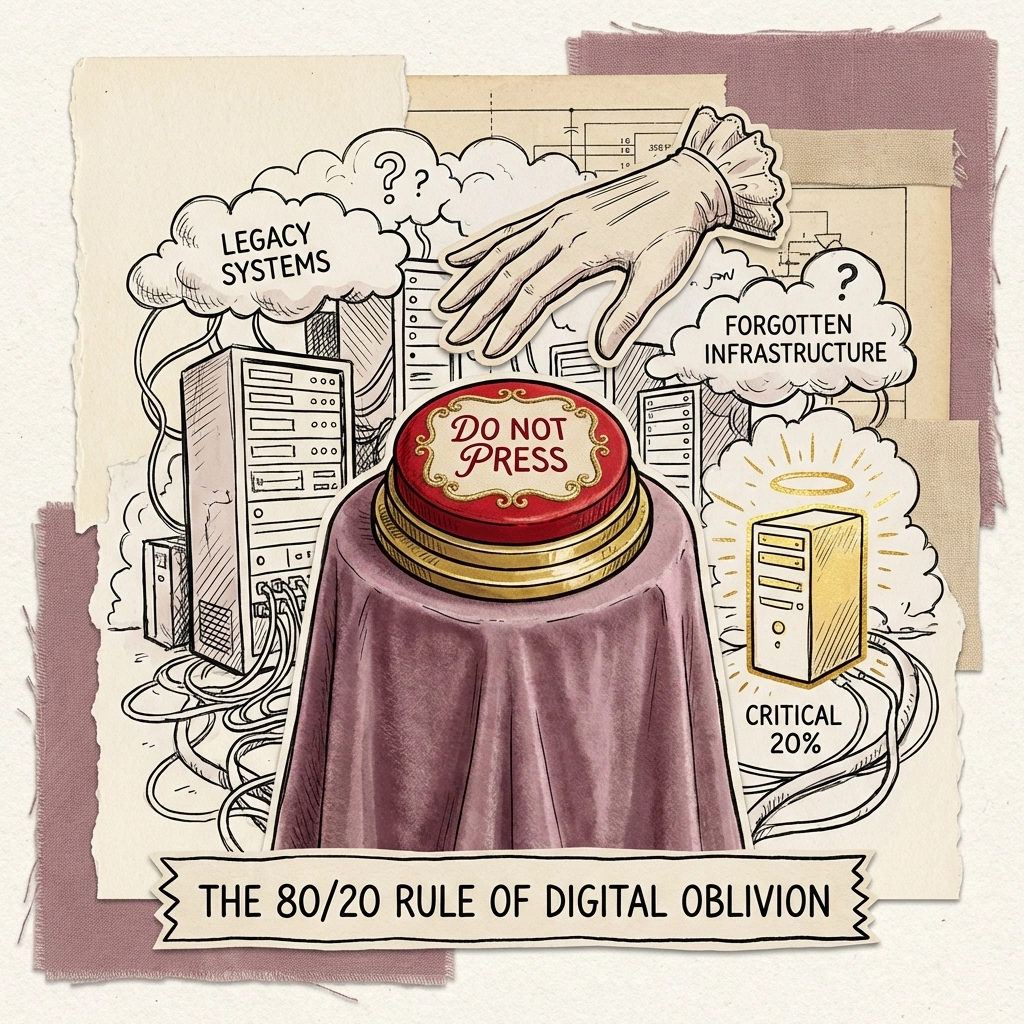 Illustration of a large red button among tangled servers, highlighting the crucial 20% of infrastructure that drives business value