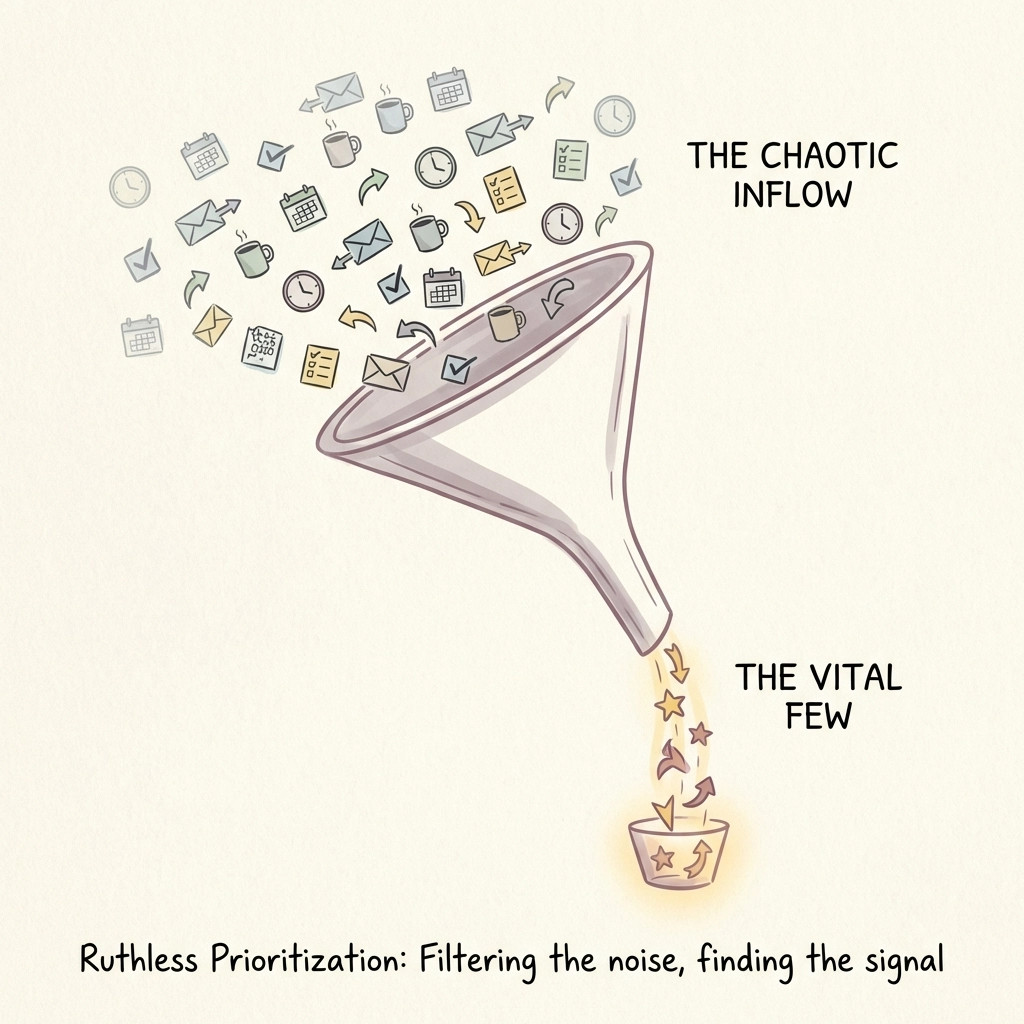Diagram of a funnel sorting many tasks into a focused stream, illustrating strategic prioritization with the vital few versus the trivial many