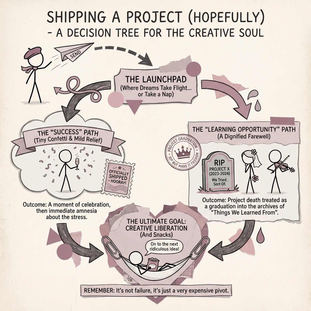 Playful flowchart showing project decisions from shipping to ending, illustrating how to kill or graduate unproductive ideas