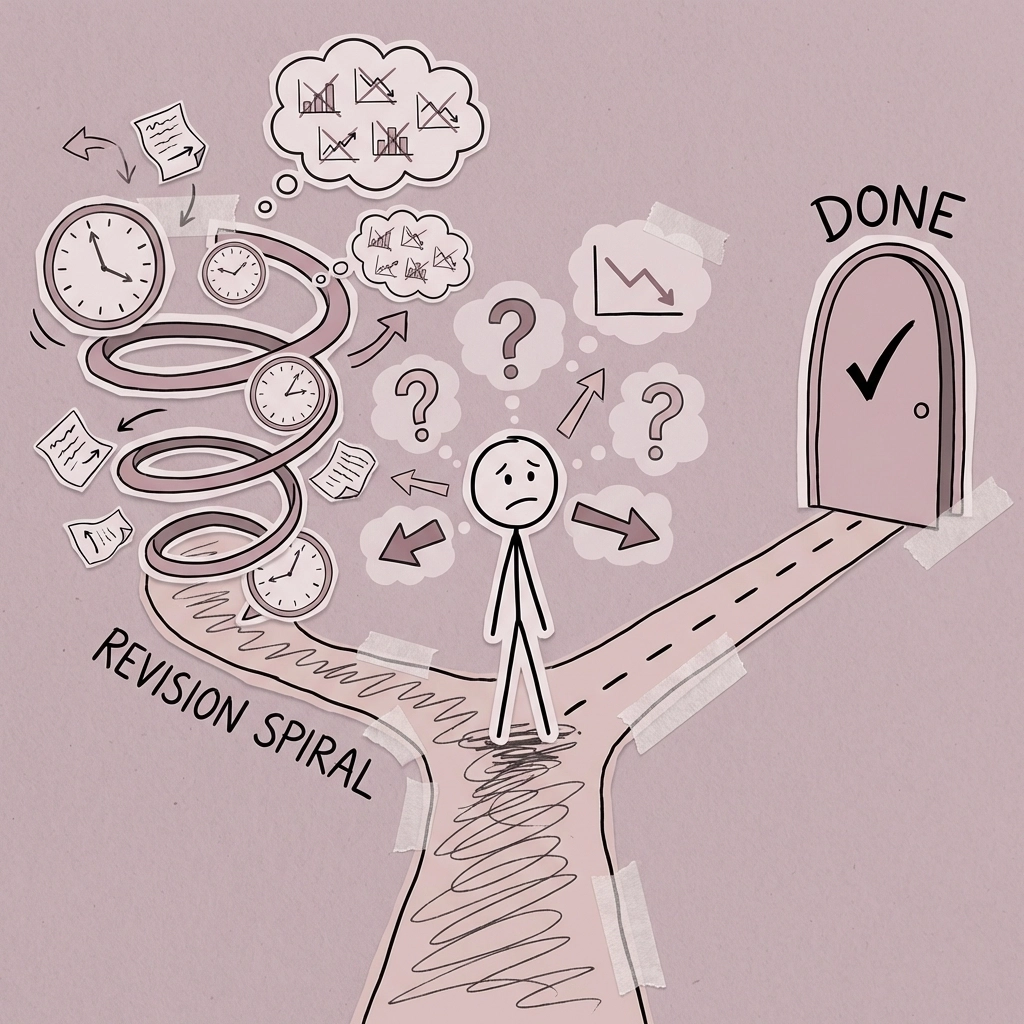 Cartoon of a stick figure stuck at a fork in the road, symbolizing analysis paralysis in technical strategy delivery