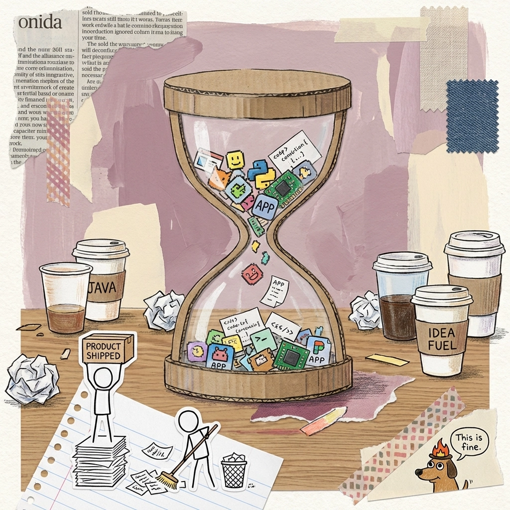 Hourglass overflowing with projects, stick figures rushing to meet shipping deadlines, highlighting the 2-week rule