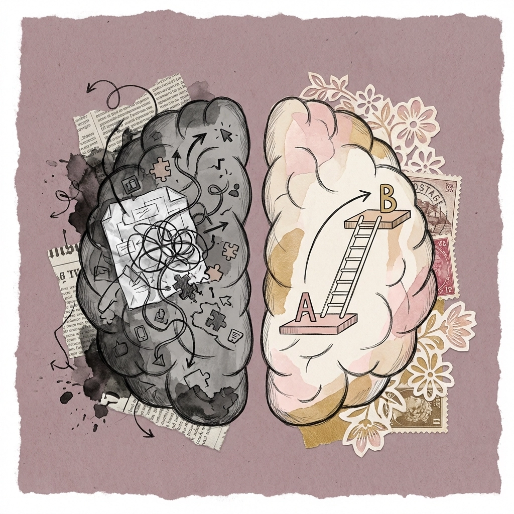 Collage of two brains: one cluttered and chaotic, one clear with a ladder showing reduced cognitive load in communication