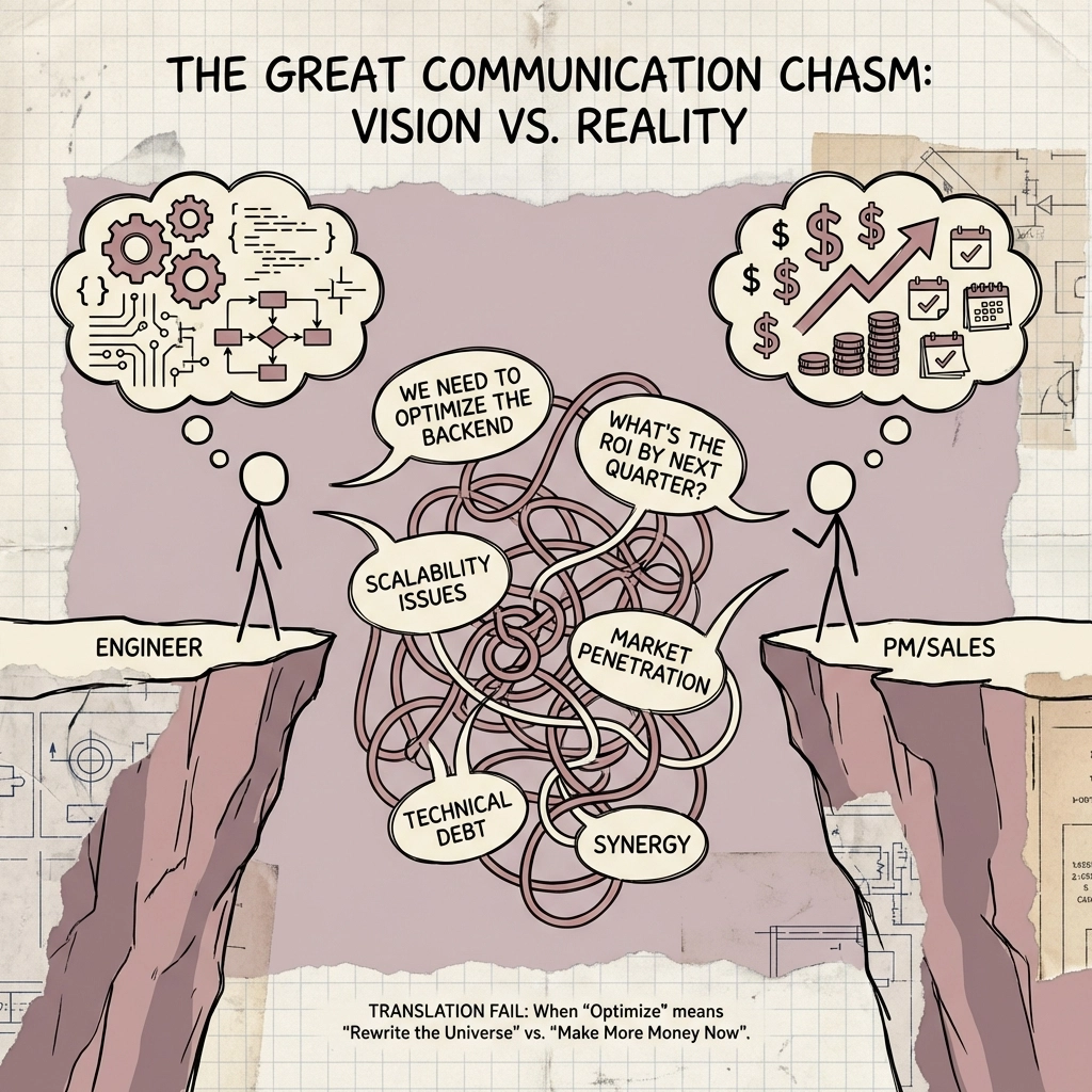 XKCD-style illustration of two people on opposing cliffs confused by tangled speech bubbles, depicting workplace language gaps