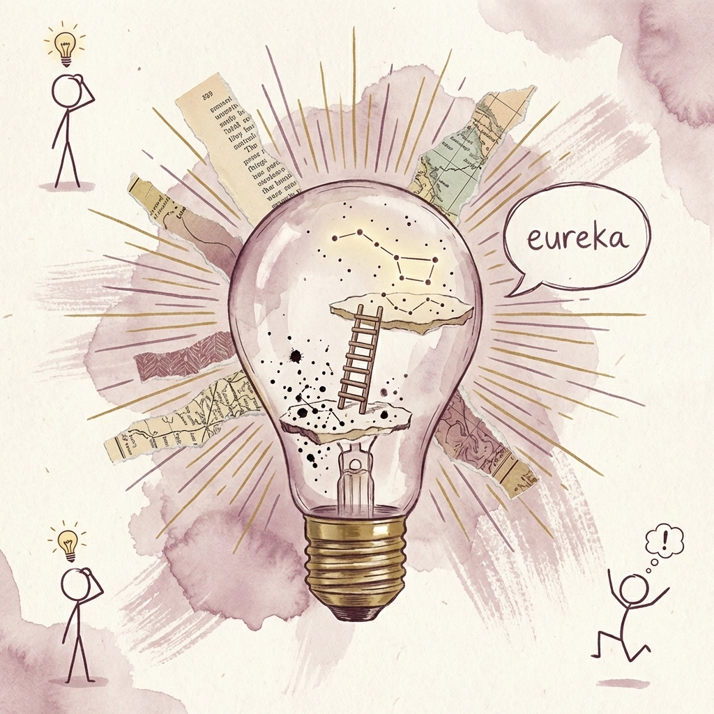 Whimsical lightbulb with a ladder inside bridging two platforms, symbolizing the Magic Click moment of shared understanding