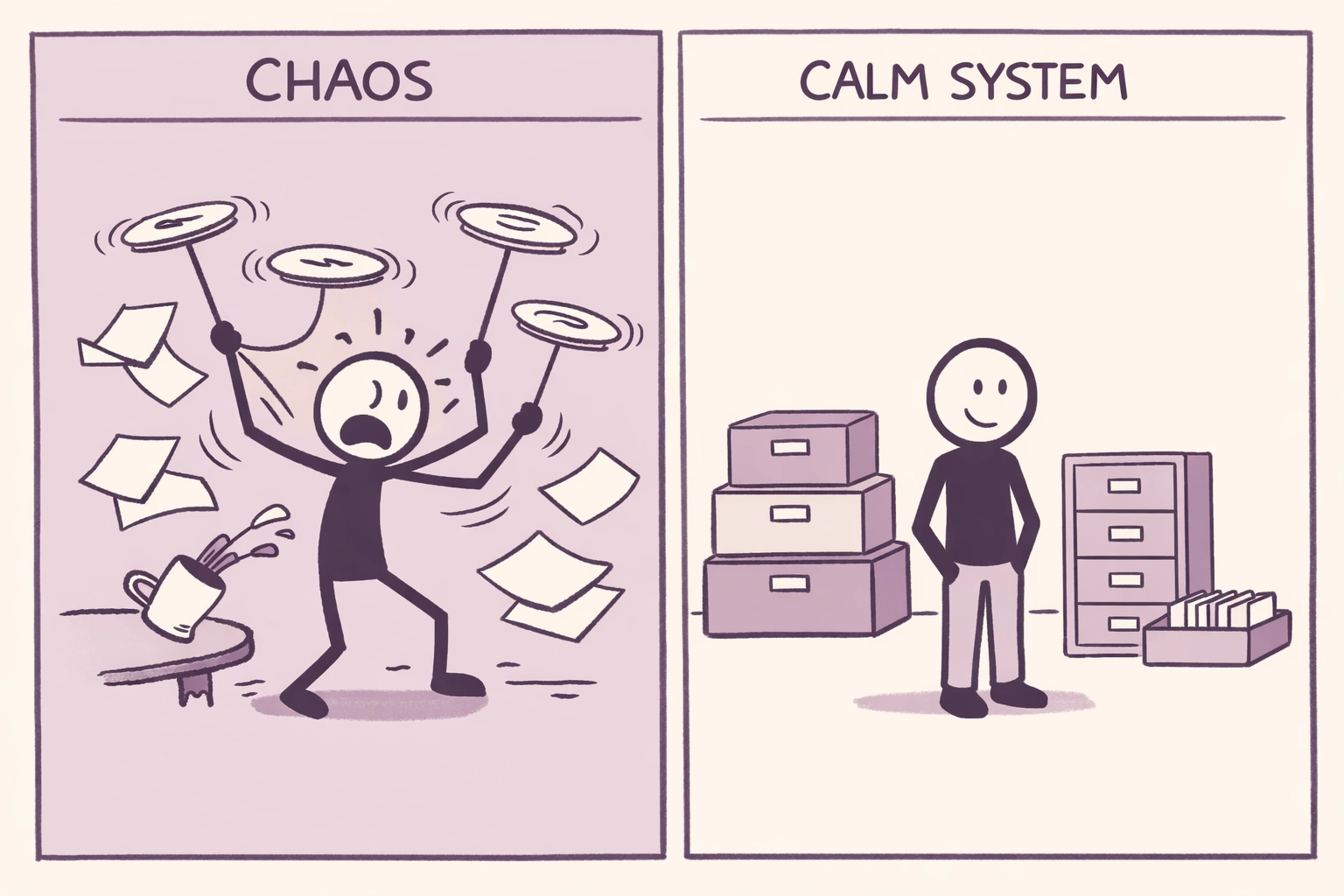Comparison of chaotic manual work versus organized systems and business infrastructure