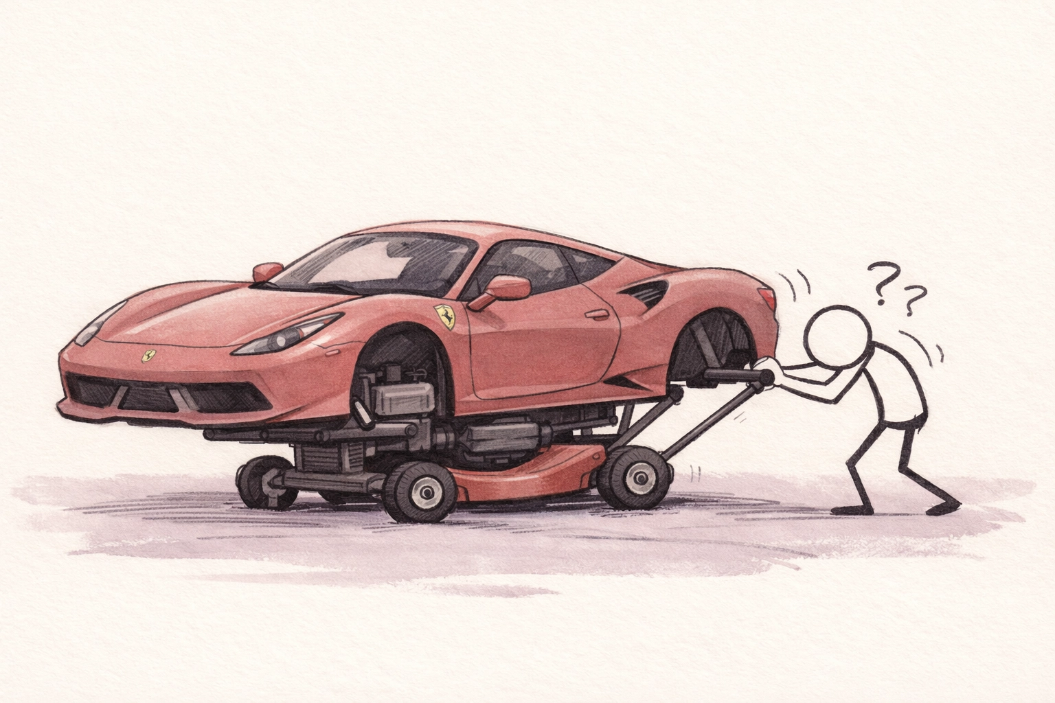 Ferrari on lawnmower base illustrating business scaling without proper infrastructure
