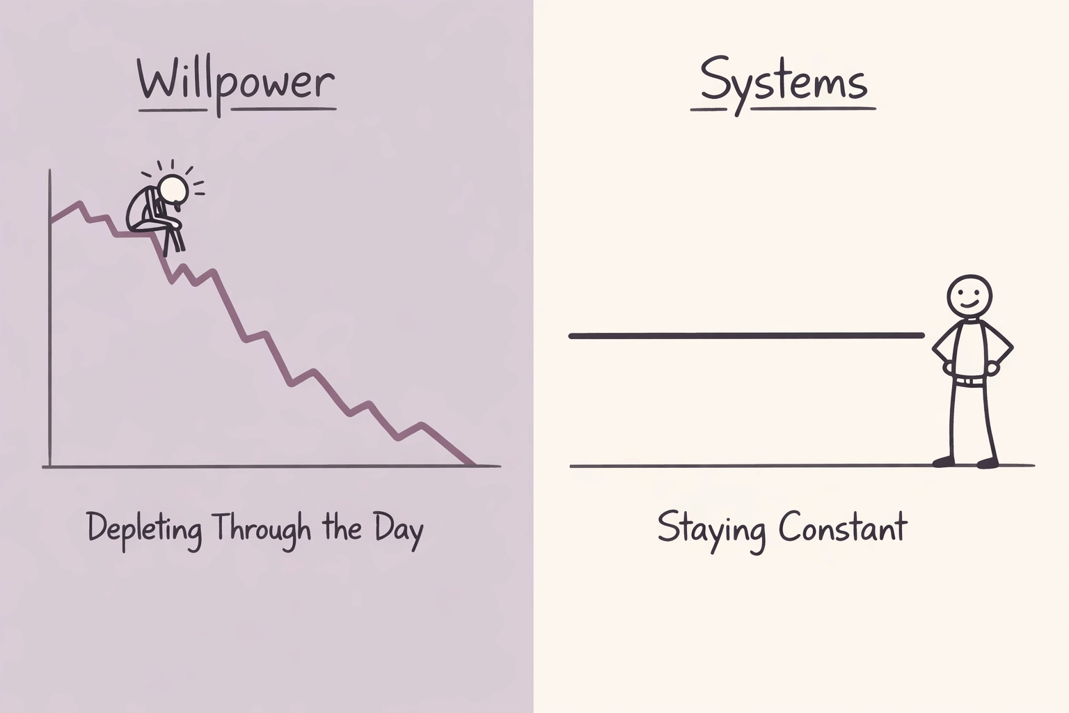Graph comparing depleting willpower versus constant systems throughout the workday