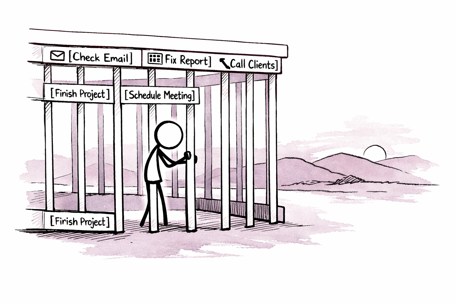 Business owner trapped in cage of tasks and to-do lists showing the competence trap
