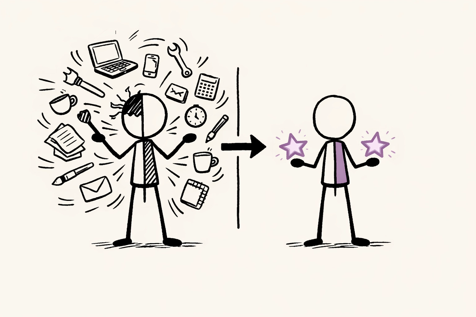 Entrepreneur juggling multiple tasks versus focusing on core competencies