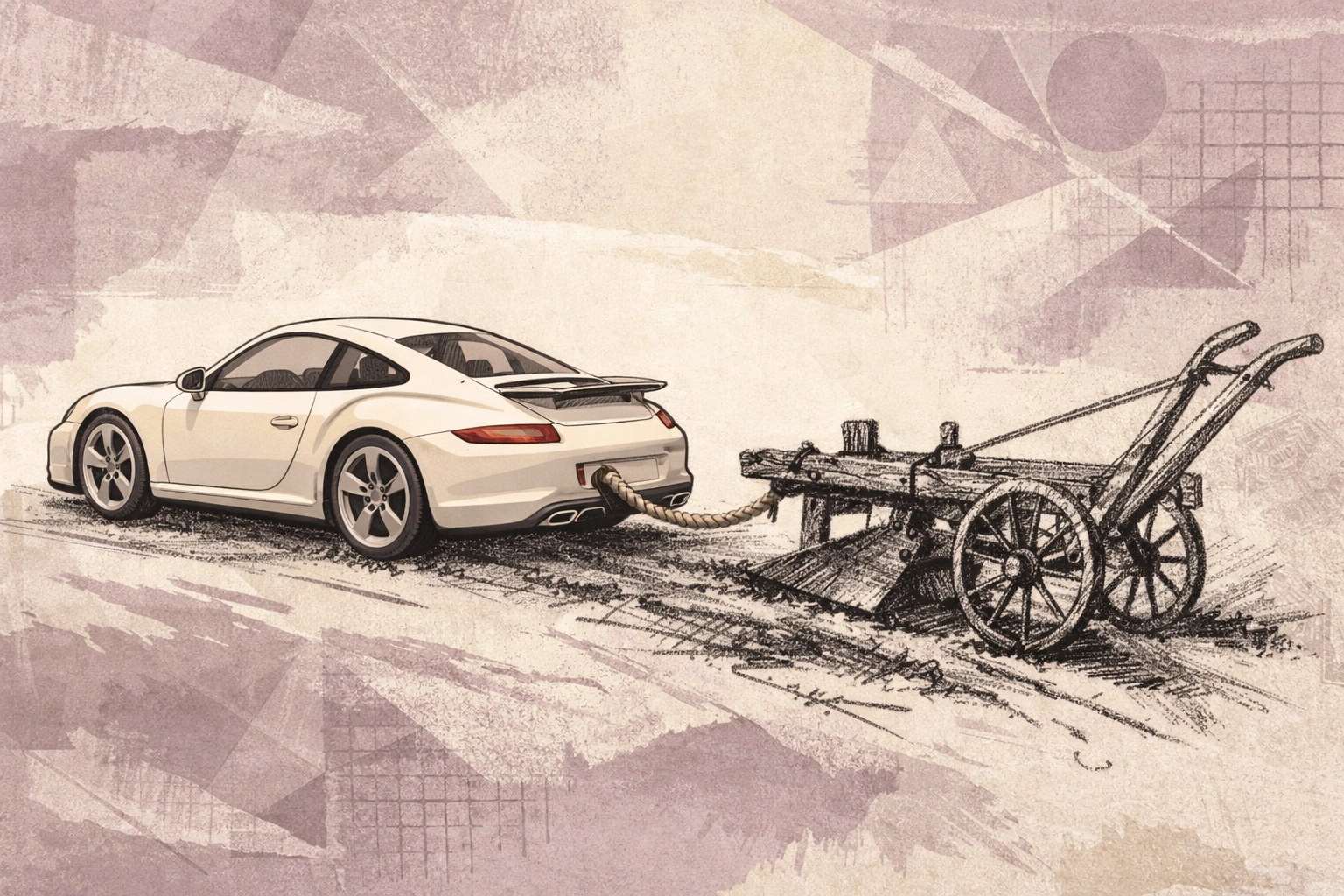 Sports car hitched to farming plow illustrating business owners doing low-value work
