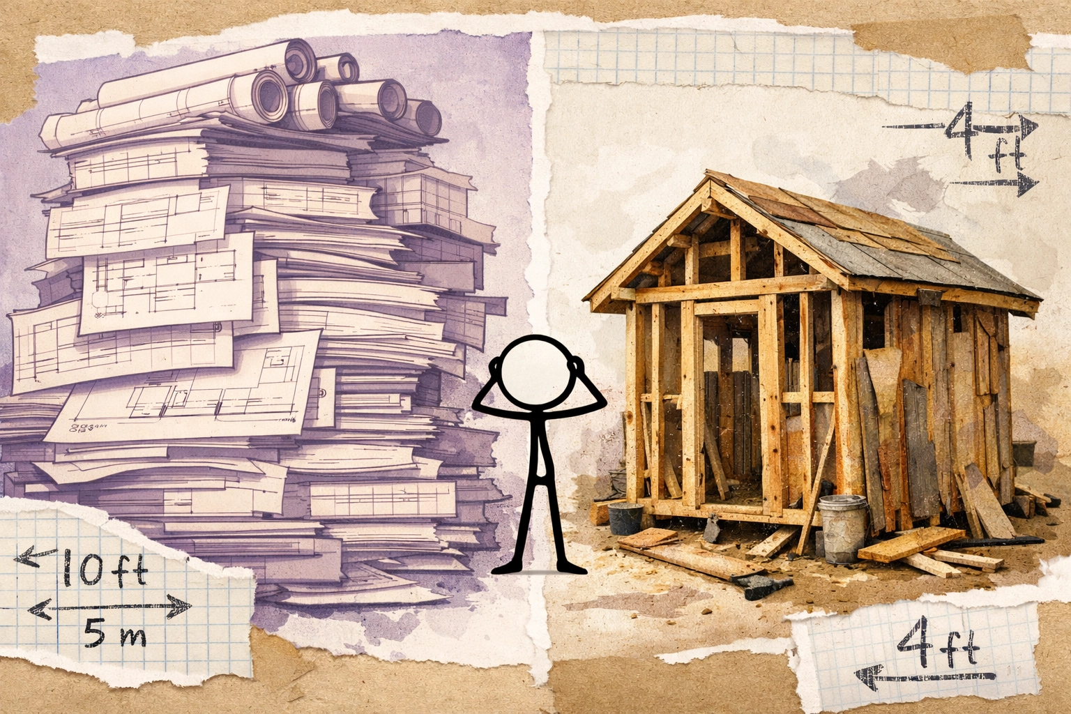 Massive pile of business blueprints beside tiny half-built shed — planning versus shipping your product