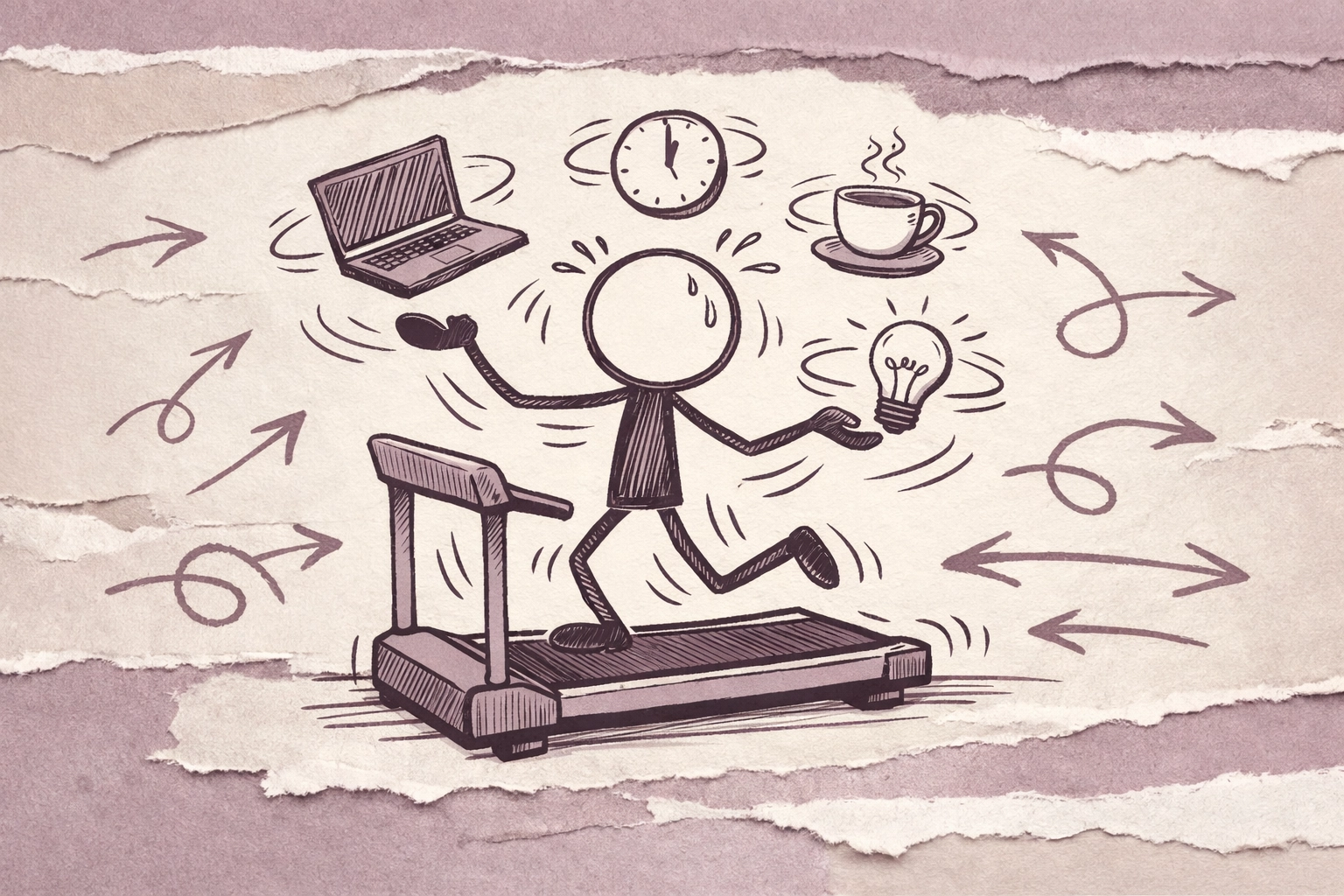 Founder juggling tasks on treadmill going nowhere — the busy work trap of optimizing without infrastructure