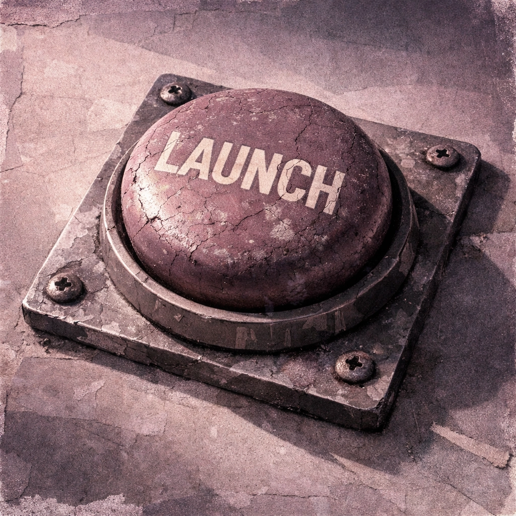 Worn launch button symbolizing overcoming perfectionism and fear of shipping
