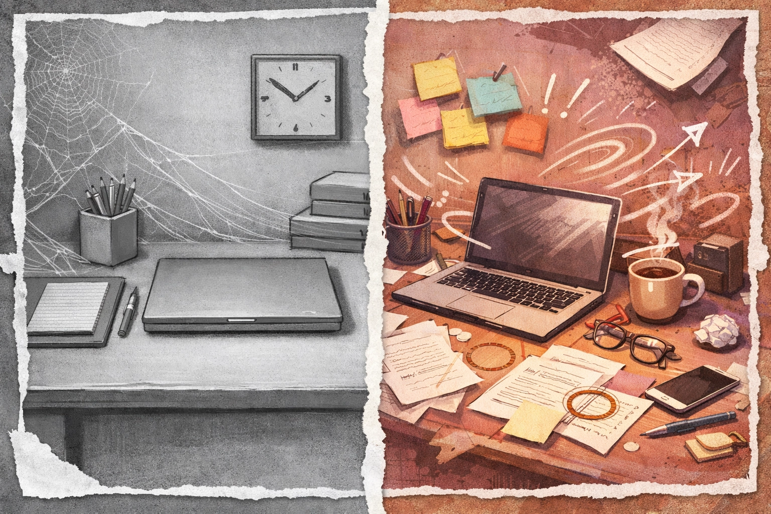 Perfect stagnant workspace versus productive imperfect workspace comparison