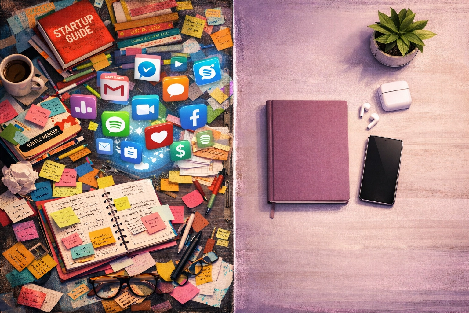 Split desk view: cluttered productivity tools versus minimalist focused workspace