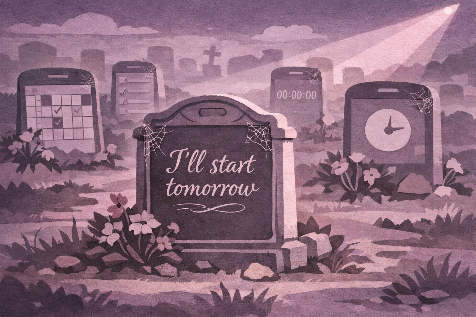Graveyard of abandoned productivity apps representing failed systems and procrastination