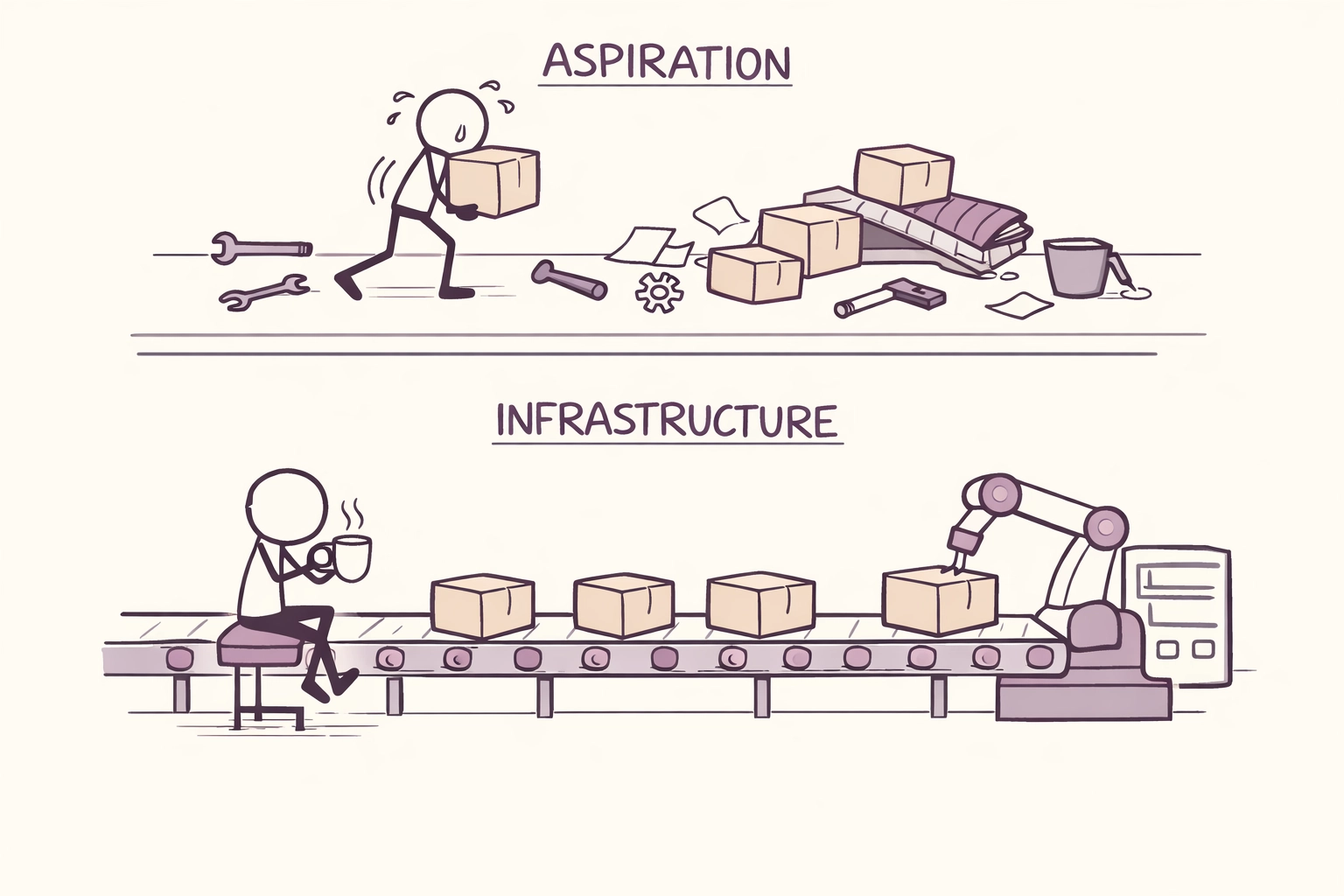 Diagram comparing aspiration-based manual work versus infrastructure-driven automated systems